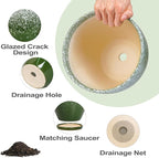 Ceramic Pots for Plants - 8 Inch Planter for Indoor Outdoor Plants, Round Planter, Large Flower Pot with Drainage and Saucer, Home Room Garden Office Decor, Birthday Gifts, Green
