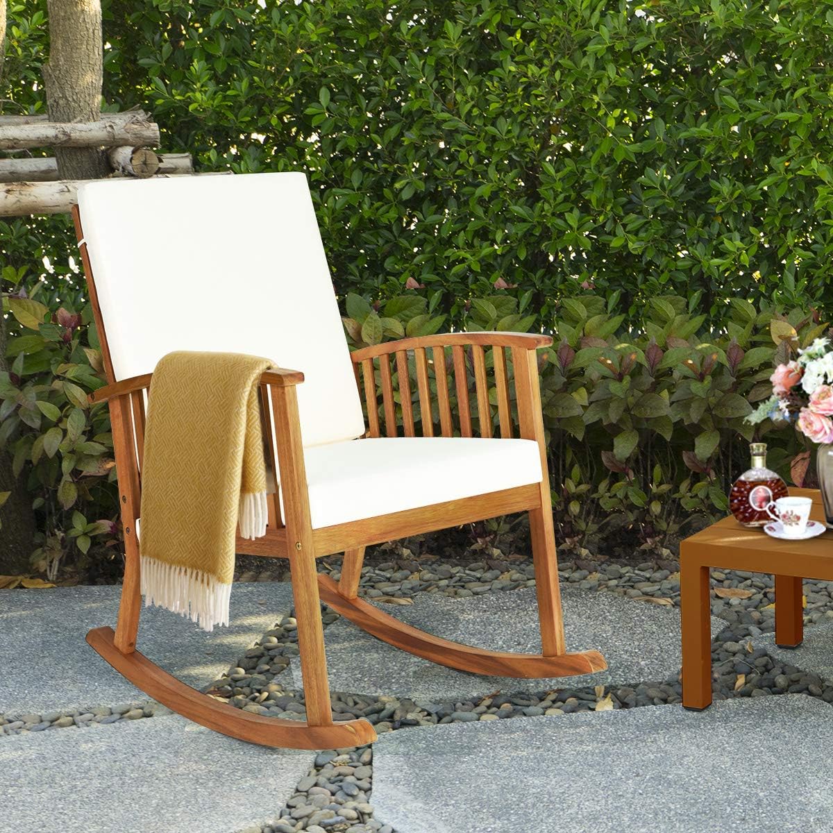 Tangkula Outdoor Acacia Wood Rocking Chair, Wooden Rocker w/Detachable Washable Cushions, Rocker for Porch Garden Patio Balcony Pool Indoor (1, Teak)