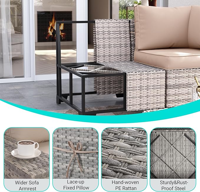 9-Piece Outdoor Patio Furniture Set with 55,000 BTU Fire Pit Table, PE Wicker Rattan Sectional Sofa Patio Conversation Set with Ottomans & Coffee Table, Sand