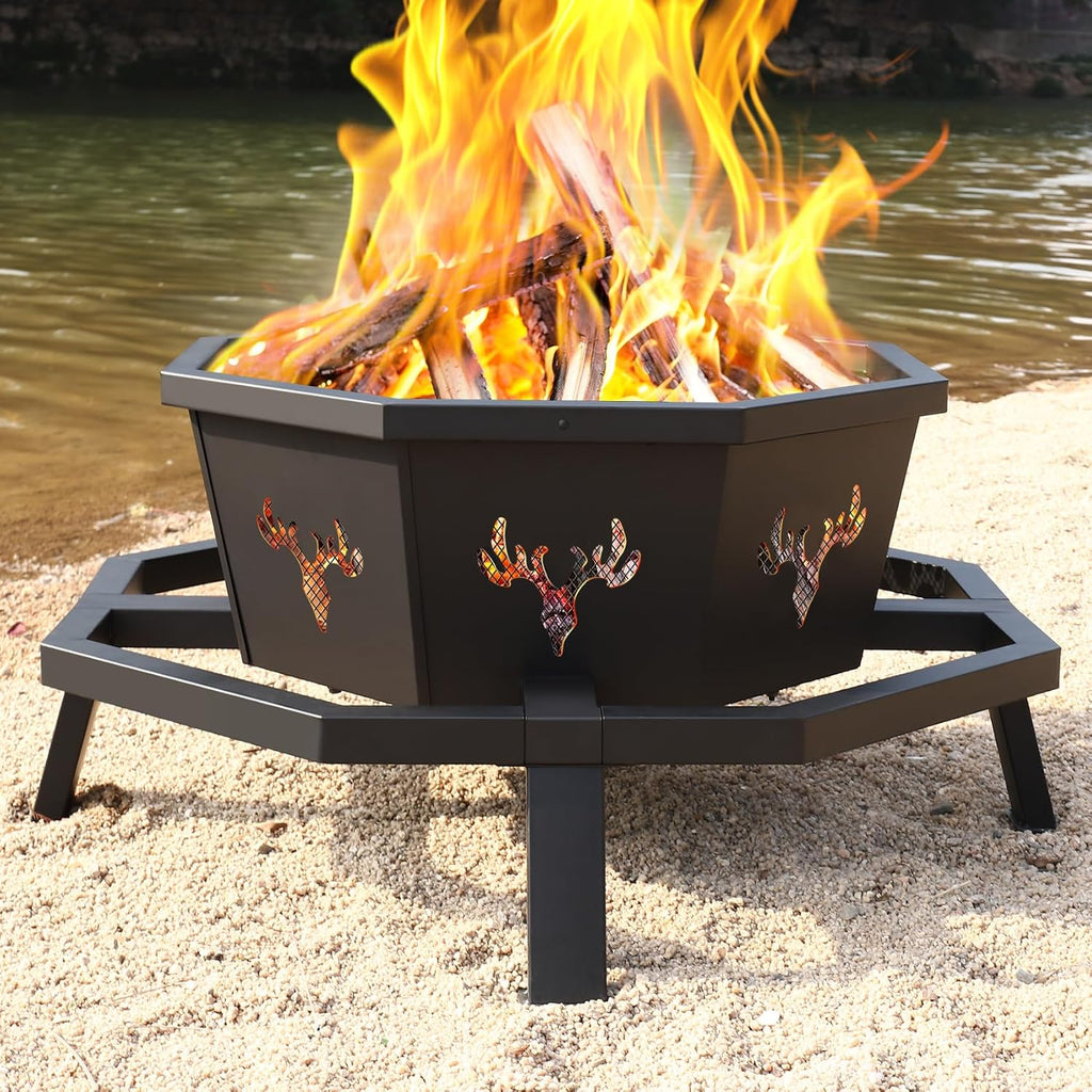 boinn 35 inch octagonal outdoor fire pit, fire, front angle view