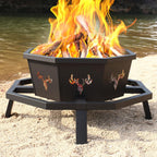 boinn 35 inch octagonal outdoor fire pit, fire, front angle view