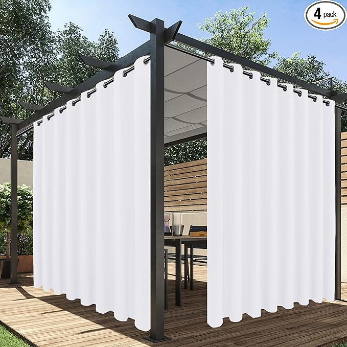 HolidayIdeas Extra Wide Outdoor Curtains for Patio Waterproof, 4 Panels - 110 x 95 Inch - Privacy & Light Filtering Curtains White Grommet Outside Curtains for Porch, Gazebo, Pergola, Backyard