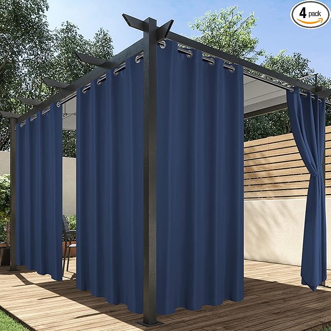HolidayIdeas Outdoor Curtains for Patio Waterproof, 4 Panels - 54 x 120 Inch - Privacy Protection & Light Filtering Curtains Navy Grommet Outside Curtains for Porch, Gazebo, Pergola, Backyard