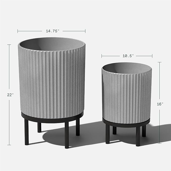 Veradek Demi Series Round Planter w/Stand for Porch/Patio | Durable Plastic-Stone Composite & Wooden Stand | Modern Décor for Tall Plants, Flowers