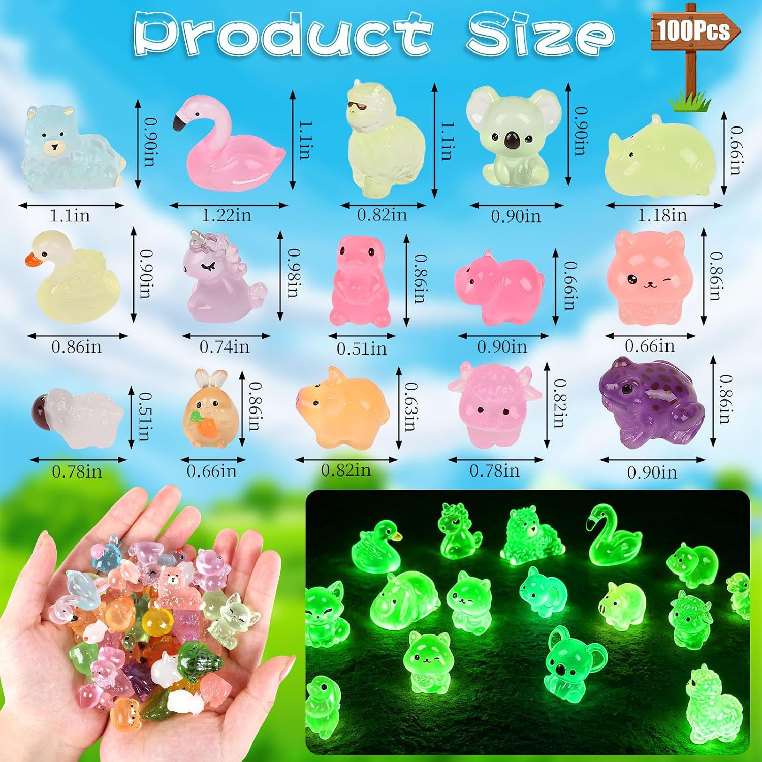 CCINEE 100pcs Luminous Mini Resin Animals, Tiny Glow in The Dark Figures to Hide Miniature Unicorns Ducks Figurines Fairy Garden, Micro Landscape, Aquarium, Party Favors & Craft Decor