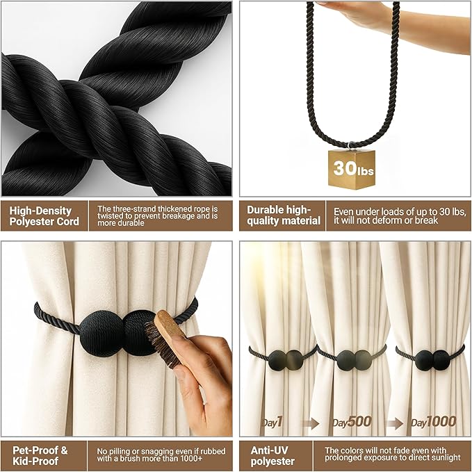 Hion Magnetic Curtain Tiebacks Black 2pcs, Curtain Tiebacks Buckles Holdbacks Holders Hooks Clip for Home Outdoor Bedroom Office Decorative Curtain