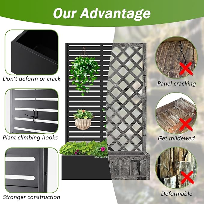 Metal Raised Garden Bed with Trellis,Planter Box for Climbing Plants, Vegetables & Vines, Features Drainage Holes and Privacy Screen.raised garden beds outdoor planters for porch (White, 71"x35"x16")