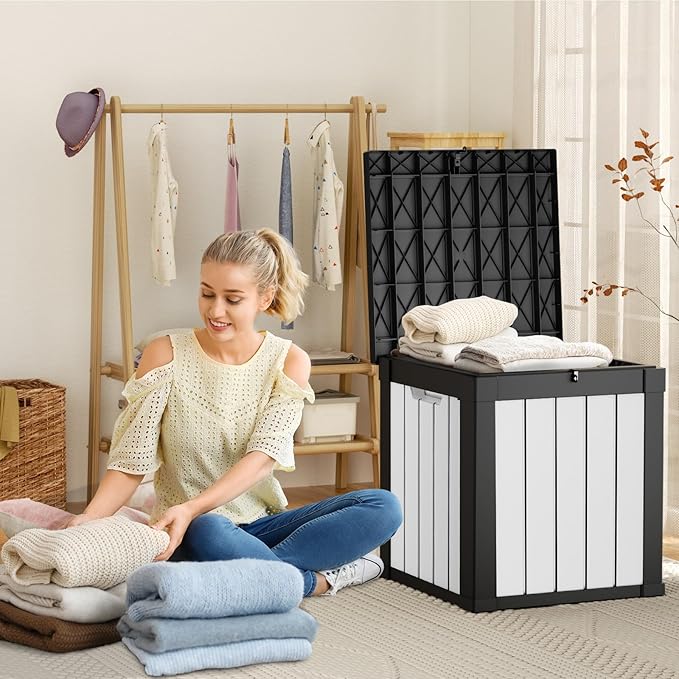 EasyUp 50 Gallon Deck Box Outdoor Storage Box for Patio Furniture,Outdoor Cushions,Garden Tools and Pool Supplies,Waterproof,Resin（Black&White）
