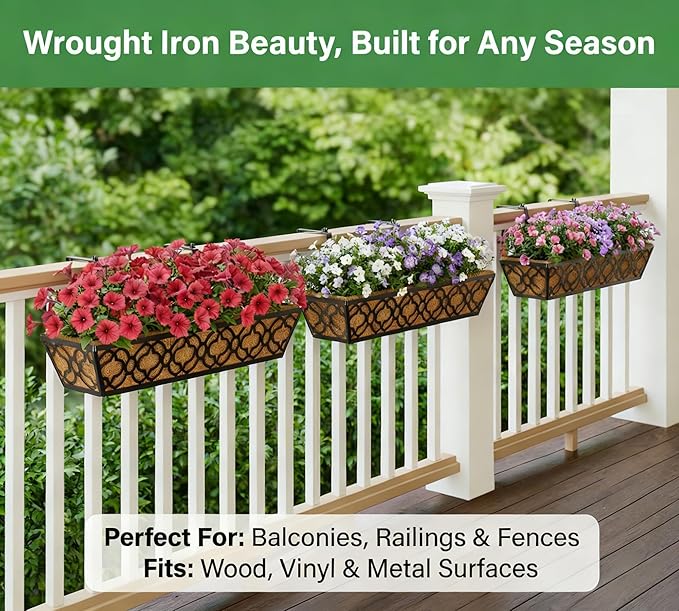 Y&M 24in Window Planter Box 4Pcs Iron Railing Planter with Coco Liner for Outdoor Balcony Rail, Fence, Porch, Patio