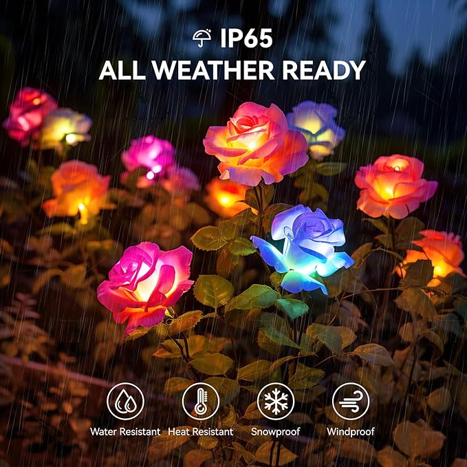 WdtPro Solar Garden Lights Outdoor, 4 Pack Solar Light Outdoor with 20 Rose Flowers, Waterproof 7 Color Changing Solar Powered Flowers Lights for Outside Patio Yard Pathway
