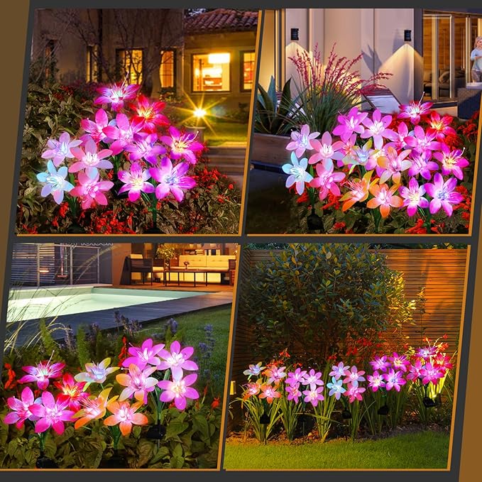 Aukora Solar Garden Lights Outdoor 5 Pack, 5 Colors Lily Flowers & 7-Color Changing Slide Beads Waterproof for Outside Pathway Patio Yard Decorations ＆ Mother's Day Gift, Red Yellow Blue White Purple