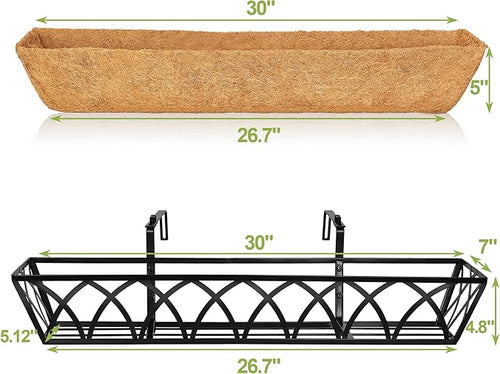 30 Inch Window Deck with Coco Liner Set of 4, 30" Window Boxes Horse Trough with Coconut Coir Liner, Metal Hanging Flower Planter Basket Deck Railing Planter Boxes for Outdoor Indoor Lawn