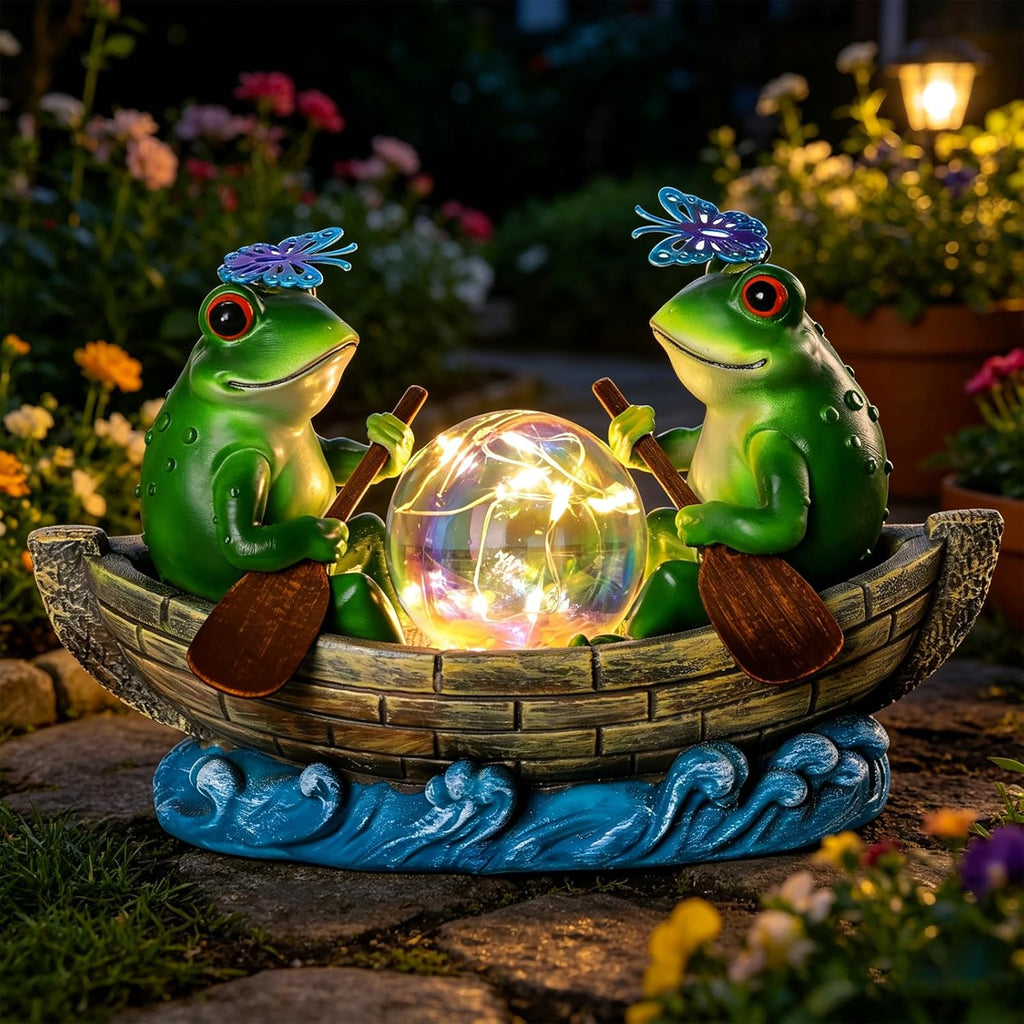 Solar Frog Boating Garden Statue with Ball Light 5.1"Resin Frogs Decor | for Home Front Door Patio Porch Balcony Women Gardeners Moms Wives Girlfriends