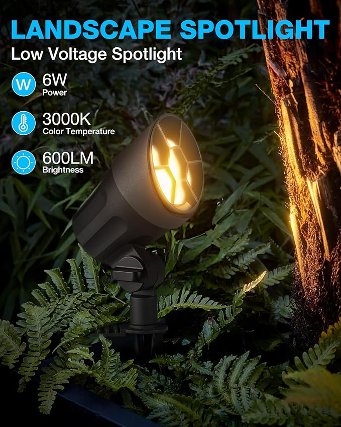 SUNVIE 6W Low Voltage Landscape Lights LED Low Voltage Lighting Warm White Landscaping Lights Waterproof Landscape Spotlights with Connectors Spot Lights Outdoor for Garden Tree Wall Yard, 12 Pack