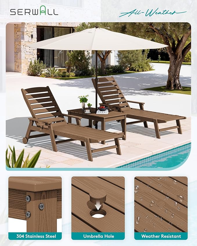 SERWALL Outdoor Coffee Table with 1.69" Umbrella Hole, HDPE Patio Coffee Table for Outside, Rectangle, Brown