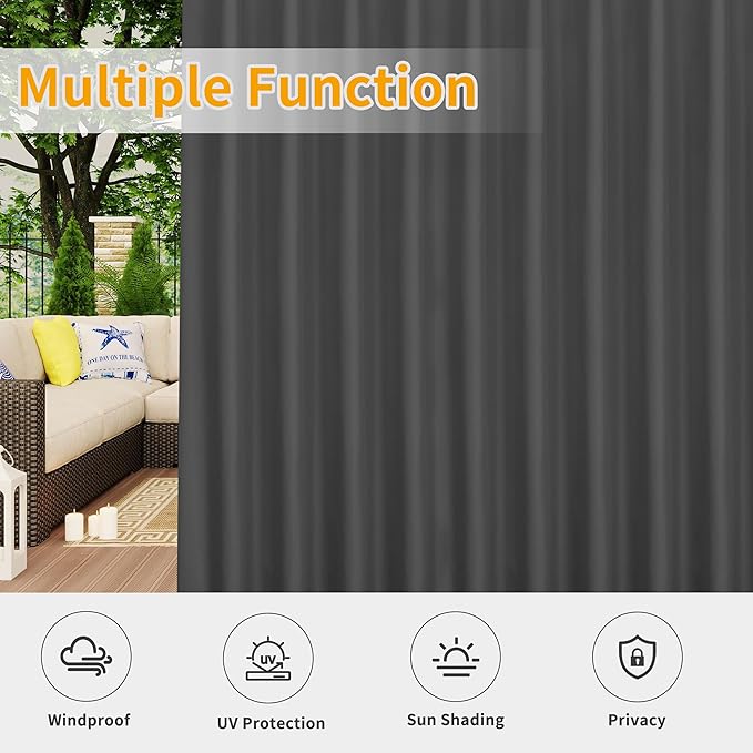 Easy-Going Outdoor Patio Curtains Detachable Tab Top Windproof Weatherproof Curtain for Cabana, Porch, Pergola and Gazebo, Tab Bottom Drape, 2 Panels, 110W x 96L inch, Gray
