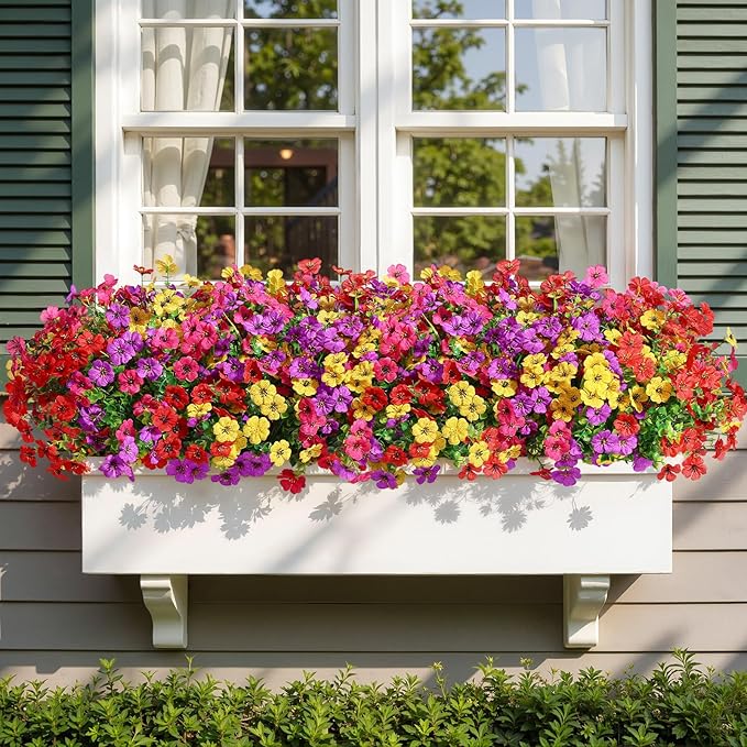 Alupssuc 24 Bundles Artificial Flowers for Outdoors Decoration, UV Resistant Silk Faux Daisy Flora Spring Fake Plastic Plants Greenery for Outside Indoor Yard Home Porch Window Box Decor, Mix 4 Colors