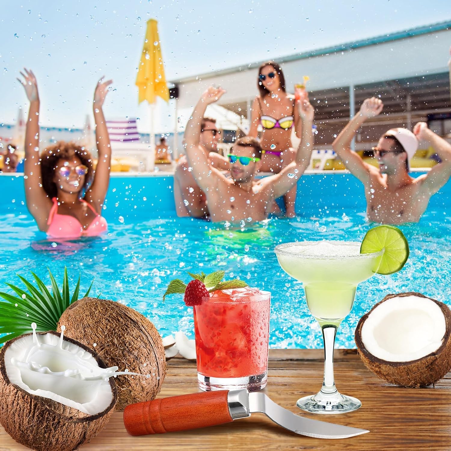DOITOOL Coconut Meat Removal Tool Stainless Steel Fresh Coconut Scraper Knife with Ergonomic Wood Handle for Raw Shell Extraction and Manual Opener | Curved 9 inch Blade with Ergonomic Wood Handle for Raw Shell Extraction and Manual Opener