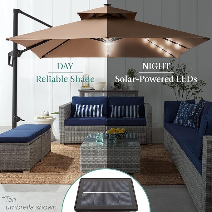 Best Choice Products 10x10ft Cantilever Patio Umbrella w/Base Included, Solar LED Lights 360 Rotation Large Offset Hanging Outdoor Shade for Deck Pool Backyard w/Stand – Fog Gray