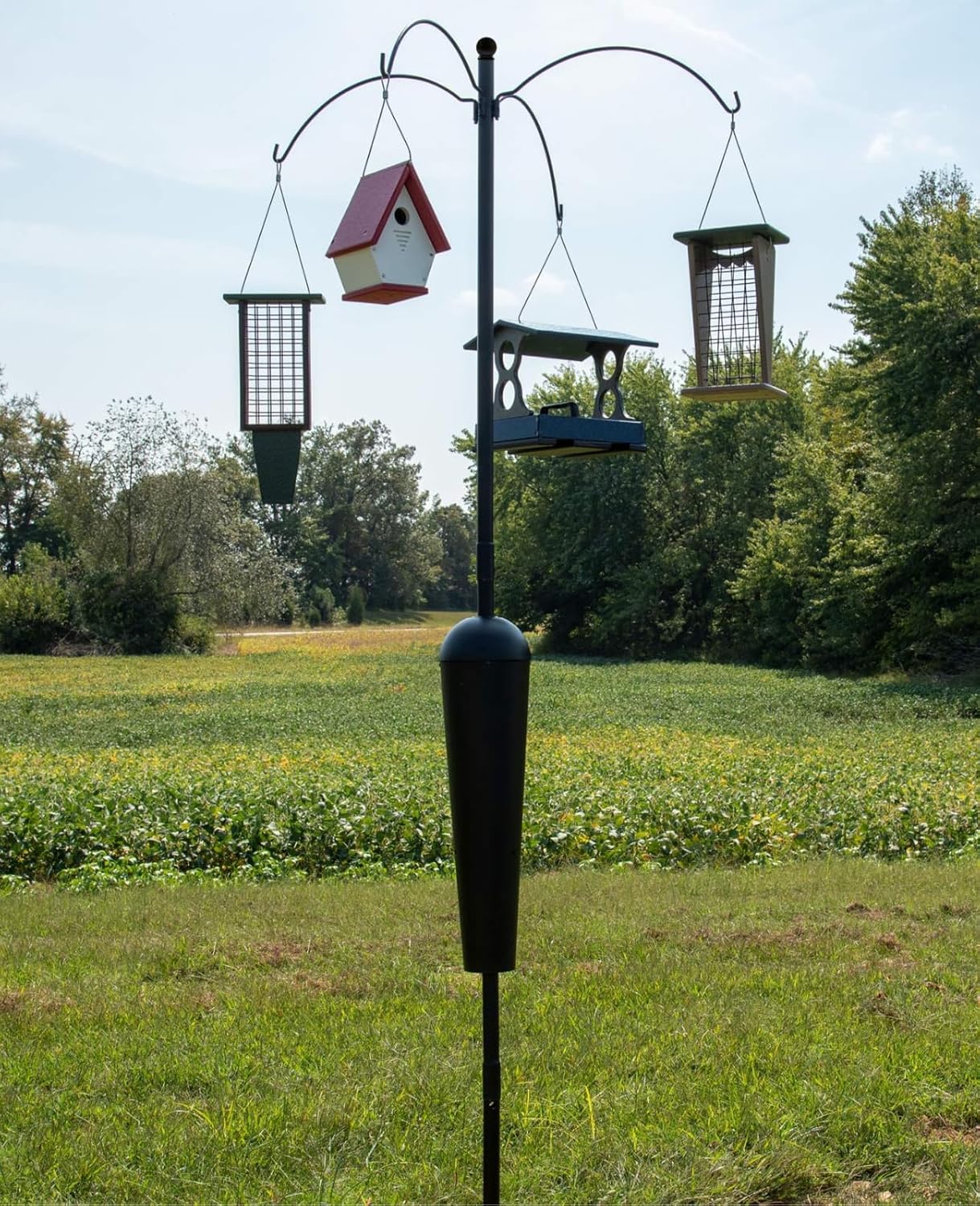 Sequoia Squirrel Proof Bird Feeder Pole System with Patented Spring Baffle, 4 Hanging Stations, Heavy Duty Galvanized Steel with Auger, Adjustable Arms