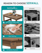 SERWALL Outdoor Coffee Table with 9FT Umbrella, HDPE Patio Coffee Table for Outside, Rectangle, Brown(Not Include Umbrella Base)