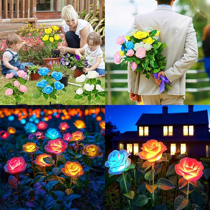 WdtPro Solar Garden Lights Outdoor, 4 Pack Solar Light Outdoor with 20 Rose Flowers, Waterproof 7 Color Changing Solar Powered Flowers Lights for Outside Patio Yard Pathway