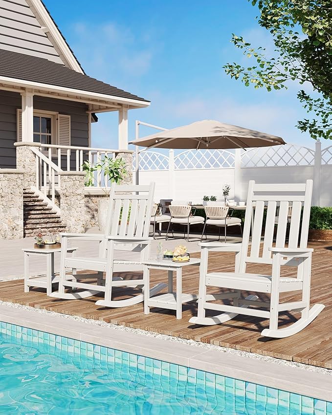 HDPE Rocking Chair Outdoor Set of 2 with Side Table - Poly High Back Porch Rocker Chairs for Adults - All Weather Resistant Furniture for Patio Front Porch - White