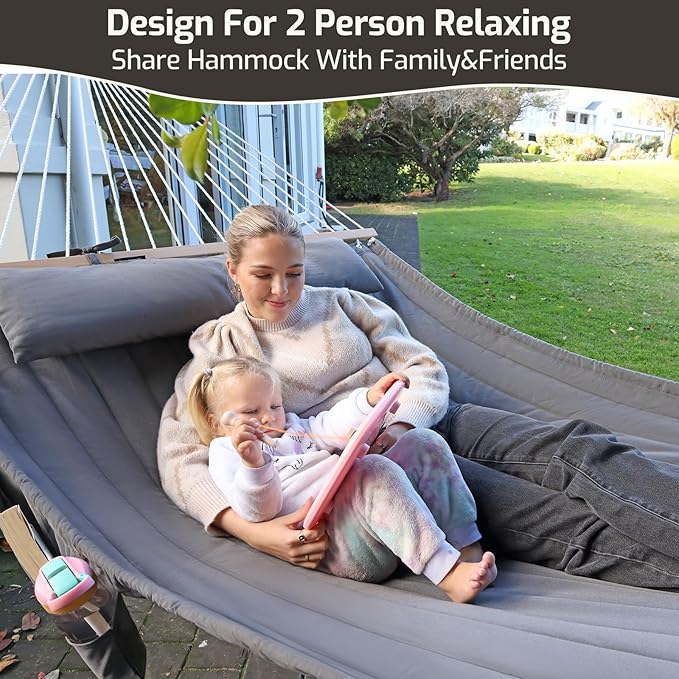 Double Quilted Fabric Hammock with Hardwood Spreader Bars and Pillow 450 LBS Capacity 2 Person Large Hammock for Outdoor Patio Backyard Poolside - Tan