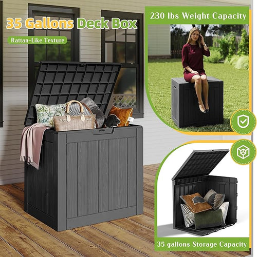 35 Gallon Resin Deck Box with Lockable Latch, Waterproof UV-Resistant Multi-Purpose Outdoor Storage for Patio Cushions, Garden Tools & Package Storage, Black