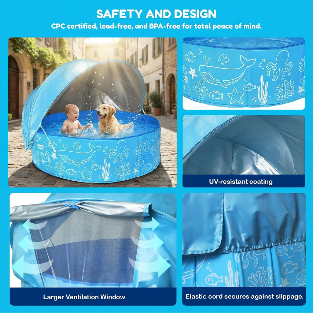 Kiddie Pool with Canopy - 47 in Foldable Kids Pool, Summer Water Play Kids Pool with Shade, Portable Non-Slip Swimming Pool & Dog Pool for Outdoor, Beach, Backyard