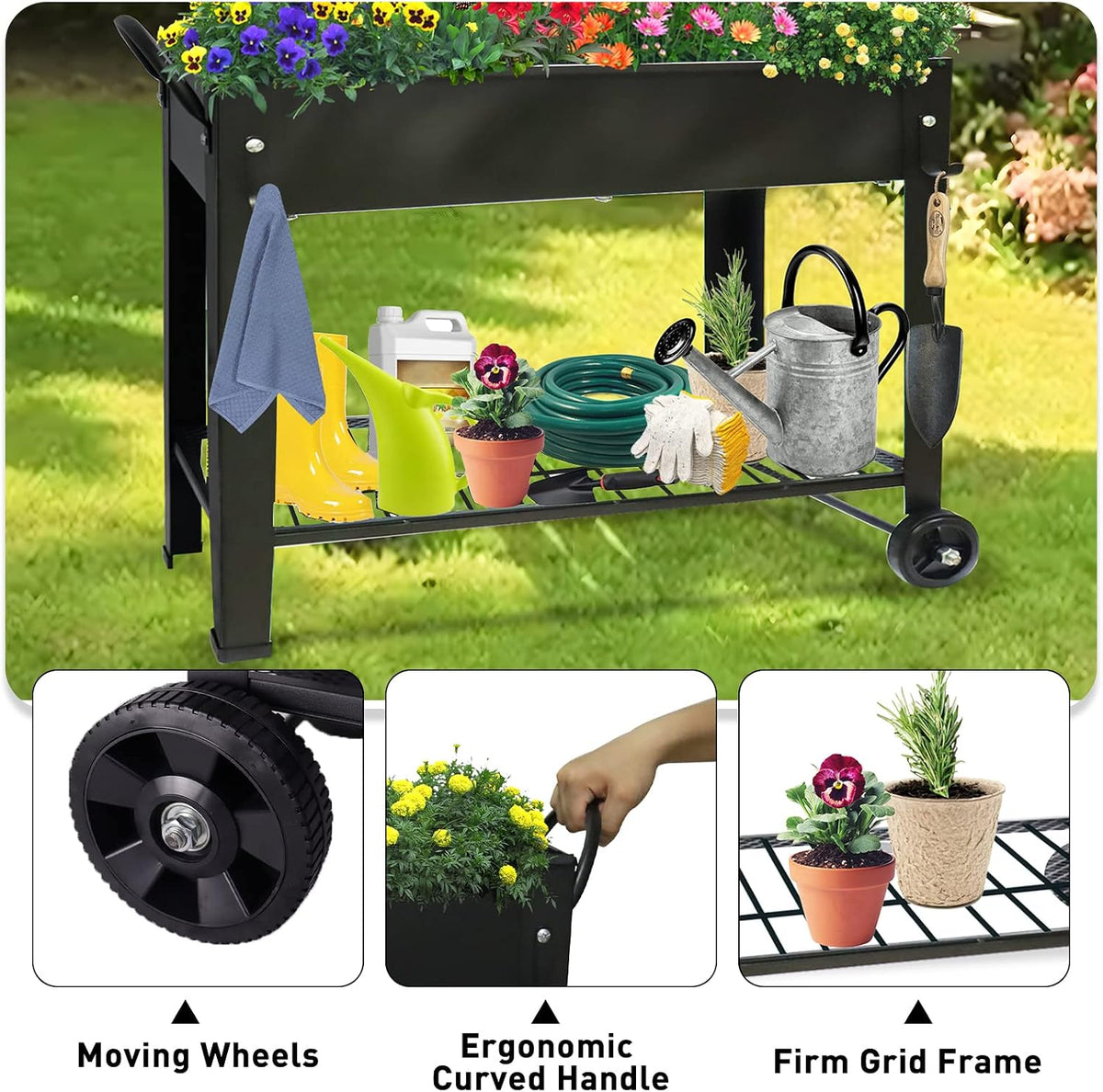 raised garden planter beds with wheels legs, large showing dimensions