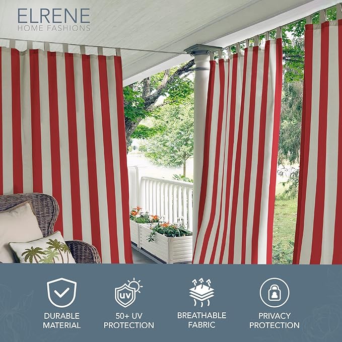 Elrene Home Fashions Highland Stripe Indoor/Outdoor Curtain Panel, 50 inches X 108 inches, Red