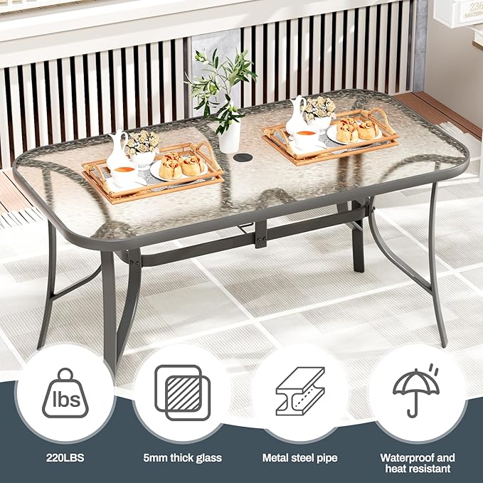 TLSUNNY 7 Pieces Patio Dining Set, Outdoor Table and Chairs W/1.69″ Umbrella Hole, 30"X 55" Table and Stackable Textilene Chair, All Weather Patio Furniture Set (Umbrella not Included) (Brown)