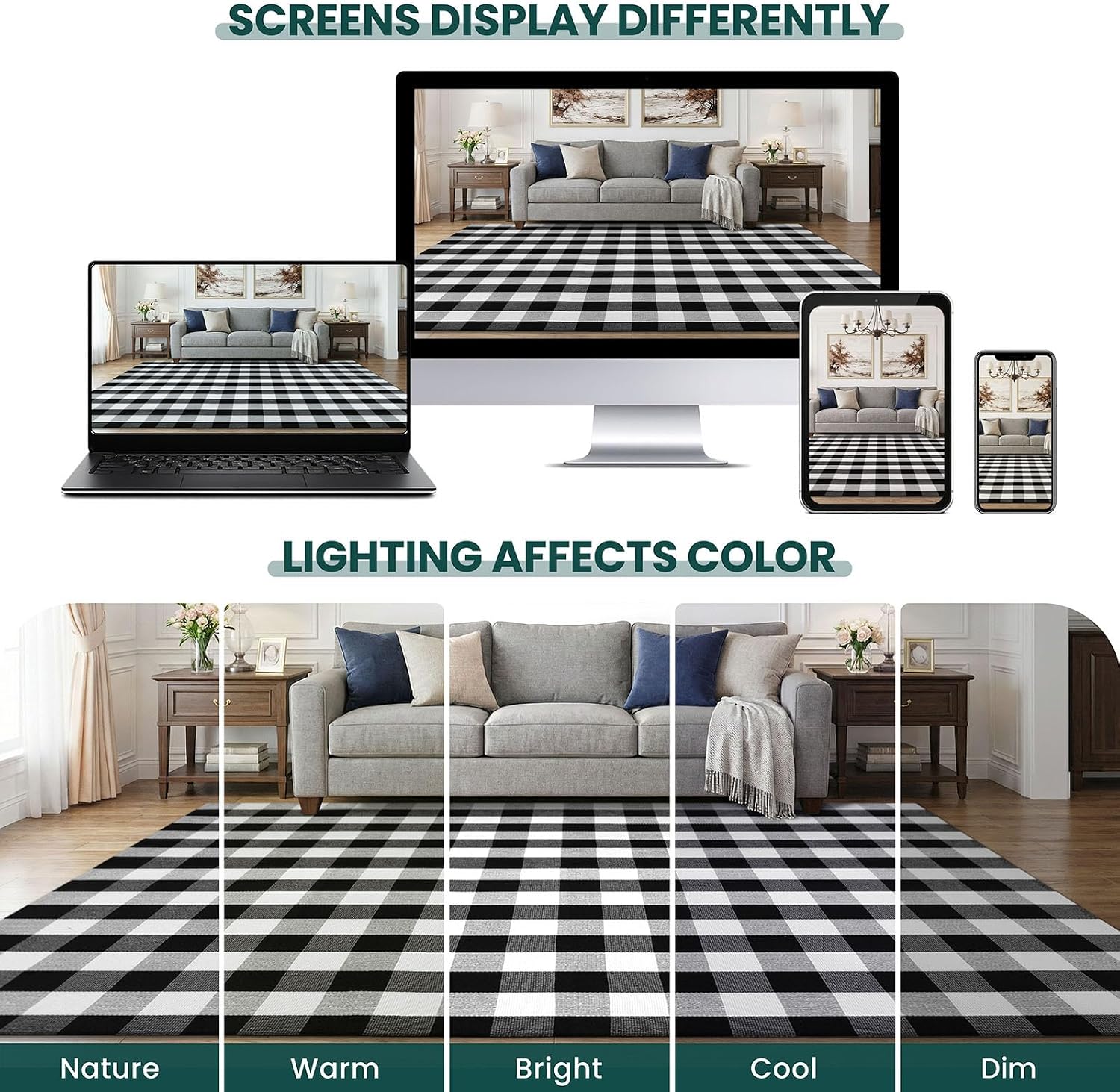 KOZYFLY Buffalo Plaid Rugs 2x4.3 Ft Black and White Rug Front Door Mat | Washable Front Door Rug, Woven Cotton Indoor Outdoor Rug, Front Porch Kitchen Entryway Patio Farmhouse Checkered Doormat