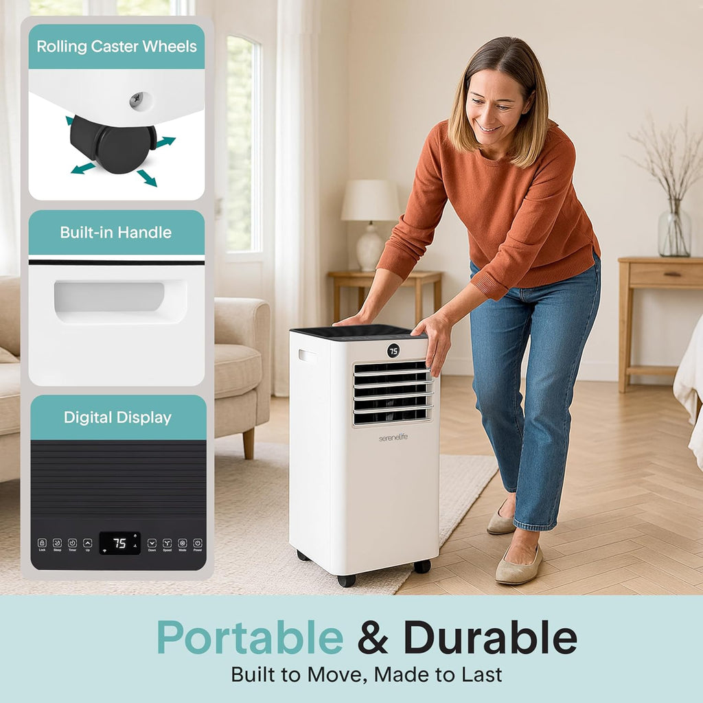 serenelife portable air conditioner, 8,000 btu small ac, side view