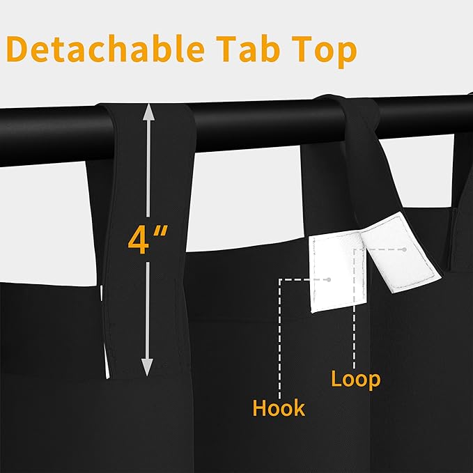 Easy-Going Outdoor Patio Curtains Detachable Tab Top Windproof Weatherproof Curtain for Cabana, Porch, Pergola and Gazebo, Tab Bottom Drape, 2 Panels, 110W x 108L inch, Black