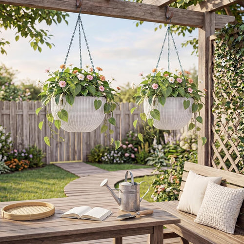 13.8 inch self watering hanging planter, 4pcs round shown in use