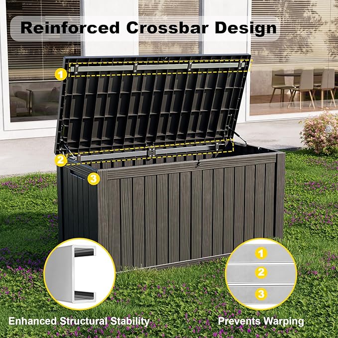 180 Gallon Resin Deck Box, Lockable Weatherproof Outdoor Storage Box for Furniture, Garden Tools and Tools Storage, Waterproof Outside Storage Boxes - Black