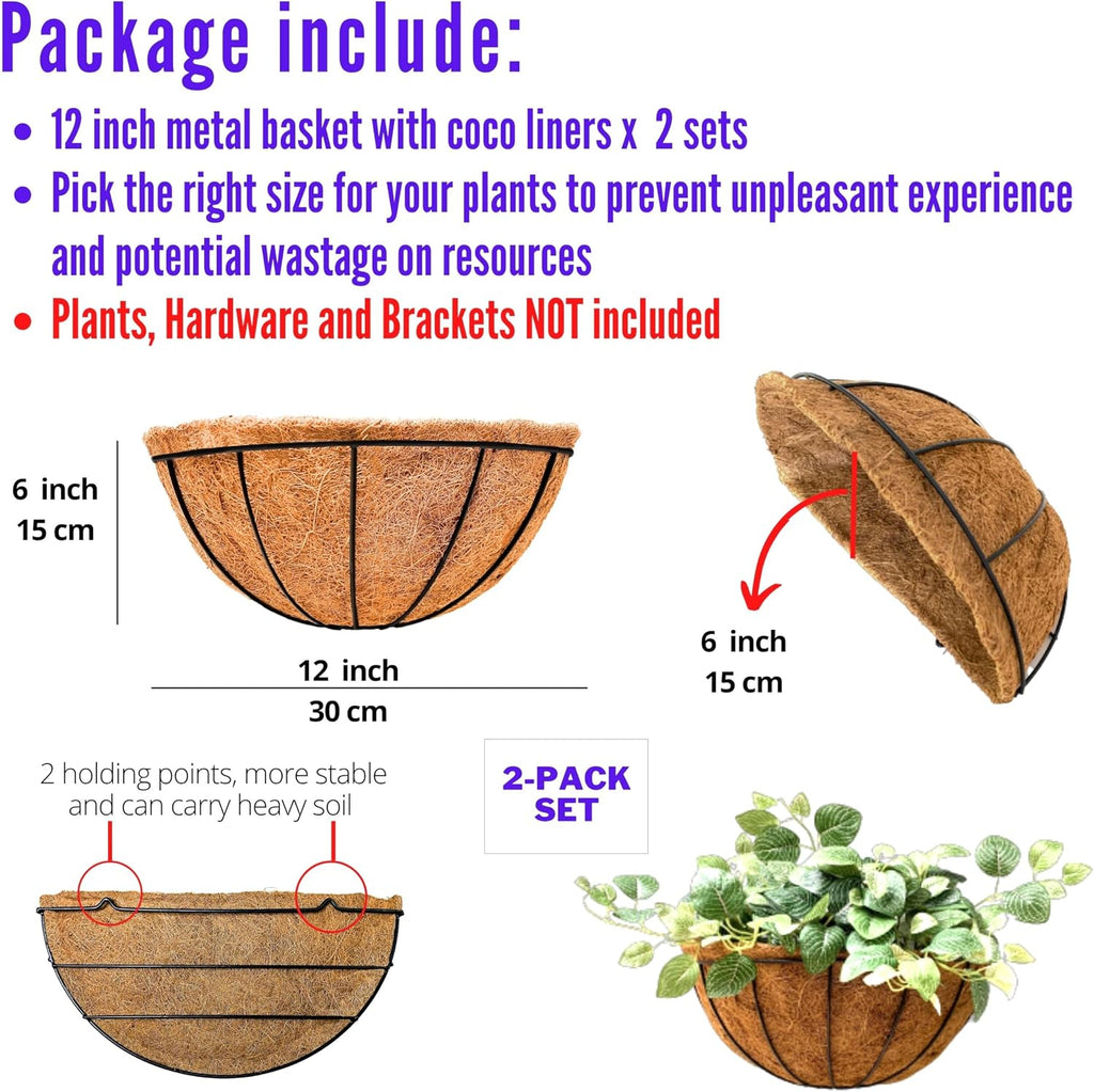 LaLaGreen Wall Hanging Planters (12 Inch, 2 Pack) Wall Mounted Flower Baskets with Coco Liner, Metal Iron Wire Plant Holder for Outdoor Window Box Herb Outside Fence Railing Deck Porch Balcony Garden
