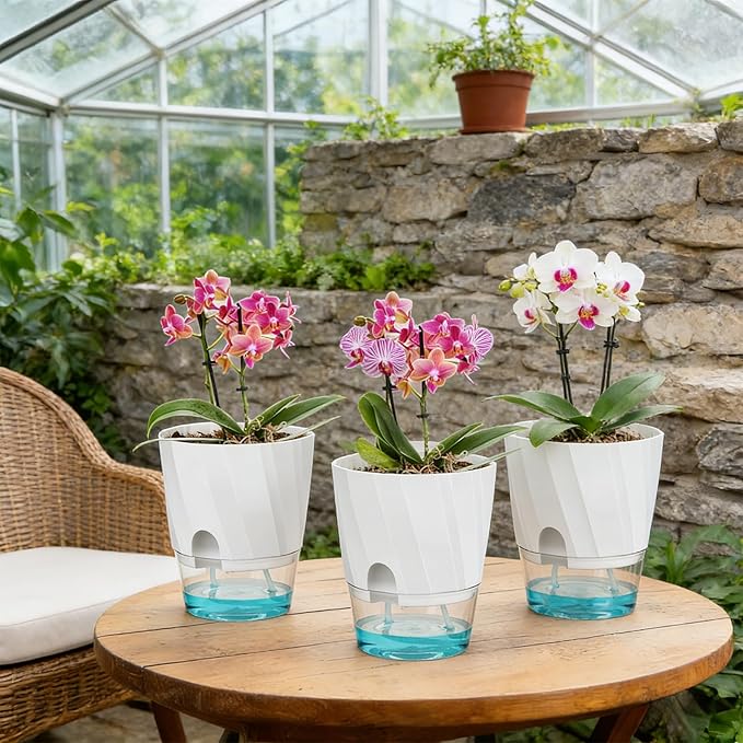 KIMCHOMERSE Self Watering Plant Pots, 6 Inch Plant Pots White, 6 Pack Flowers Pot Indoor Planter Pots with Tray for Spider Plant, Orchid, African Violet