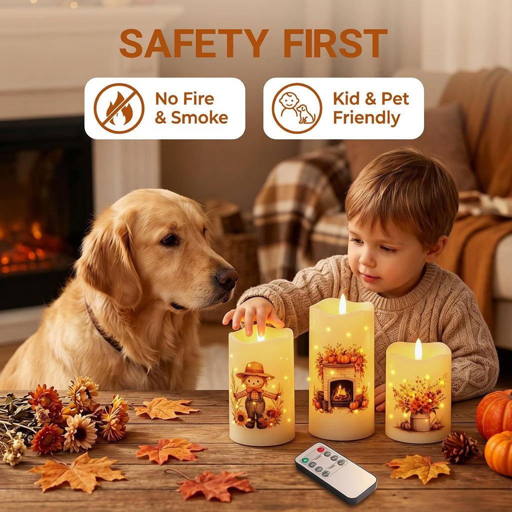 Fall Fiber Optic Flameless Pillar Candles with Remote Set of 3 | Pumpkin Maple Leaf LED Candles Flickering, 3 AA Battery Operated, Harvest Autumn Home Table Shelf Decor