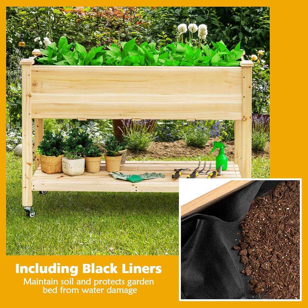 giantex raised garden bed on wheels, wood planter showing dimensions