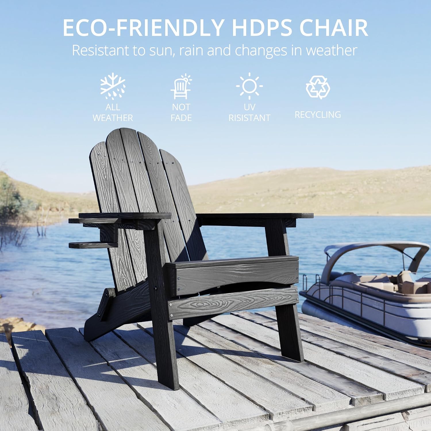 LUE BONA Folding Adirondack Chairs Set of 4, HDPS Fire Pit Chairs, Black | All-weather-resistant, ergonomic curved design, all-day comfortable sitting, HDPS Distinct texture & vibrant rich colors
