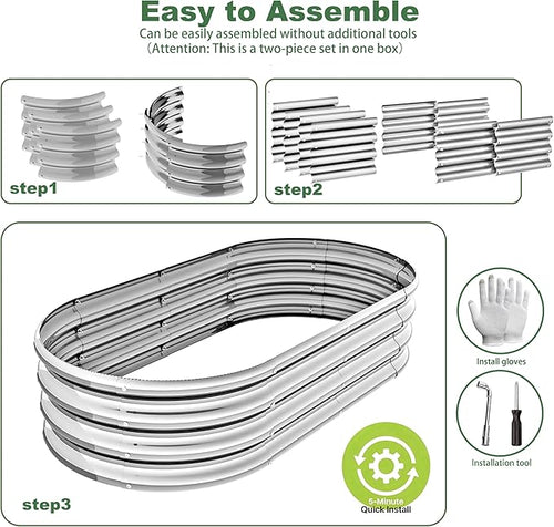 4x2x1ft-2pcs-Oval Raised Garden Bed Kit, Galvanized Planter Garden Boxes Outdoor, Metal Raised Garden Beds for Vegetables,Fruits, Flower,Silver