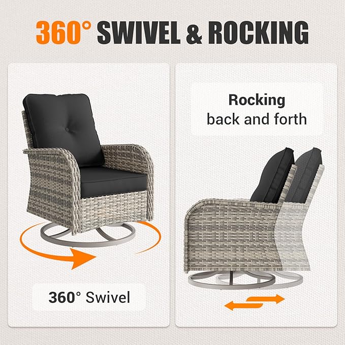 11-Piece Outdoor Patio Furniture Set with Rocking Swivel Chair Wicker Sectional Sofa Set, Patio Conversation Set with Ottomans & Coffee Table for Garden, Backyard, Poolside, Dark Grey