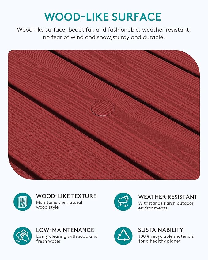 SERWALL Outdoor Coffee Table with 1.69" Umbrella Hole, HDPE Patio Coffee Table for Outside, Rectangle, Red