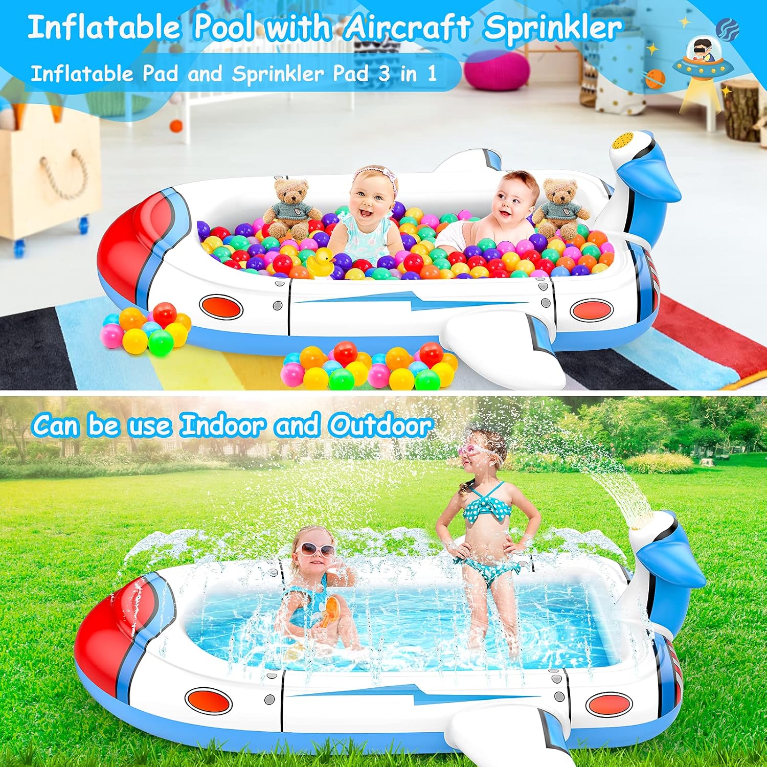 Kiddie Pool Splash Pad for Kids 68" x 38" x 21.5" | 3-in-1 Inflatable Sprinkler Pool for Toddlers Ages 3-8, Backyard Water Play Mat, Outdoor Summer Wading Pool for Boys & Girls
