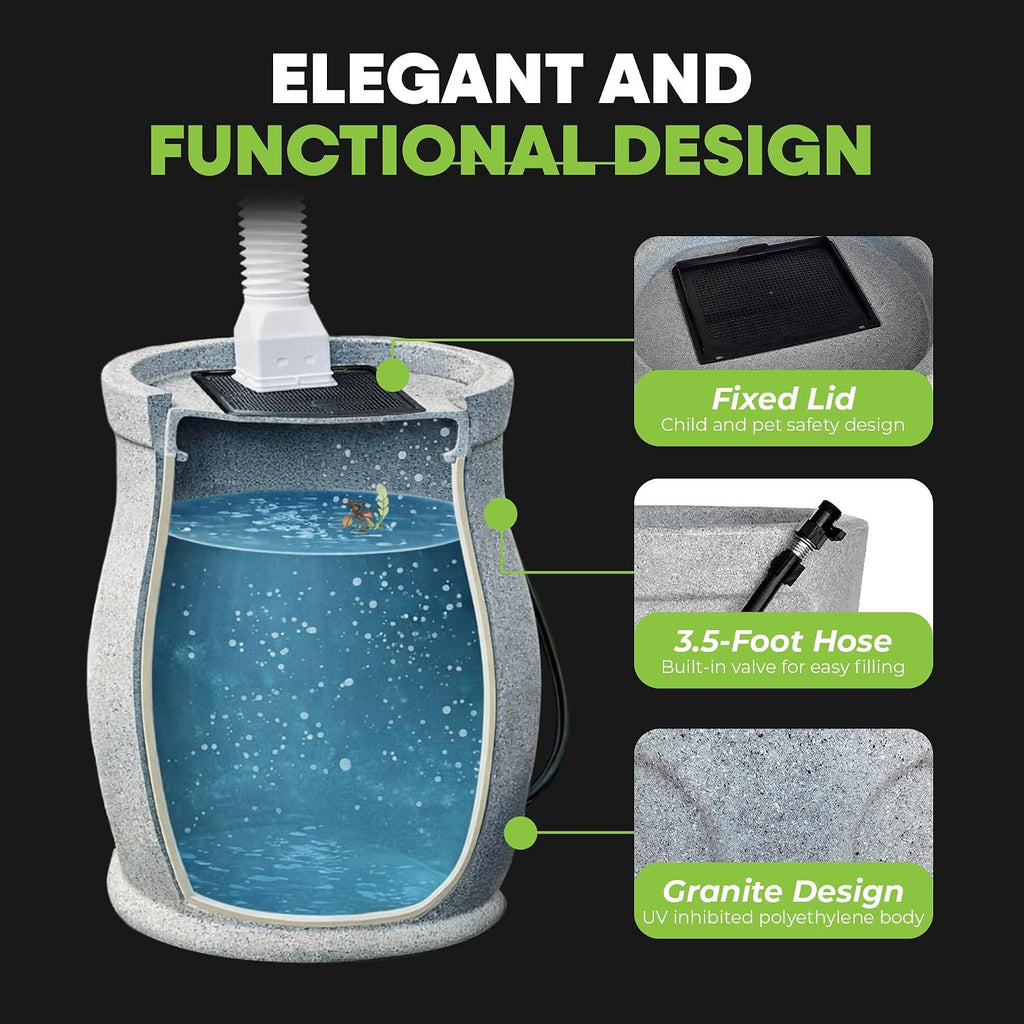 FCMP Outdoor Catalina 45-Gallon Rain Barrel – BPA-Free Flat-Back Design with 3.5 Foot Garden Hose, Shut-Off Thumb Valve, and Fixed Lid (RB-CAT-LTGRNT) Light Granite | BPA-Free Flat-Back Design with 3.5 Foot Garden Hose, Shut-Off Thumb Valve, and Fixed Lid