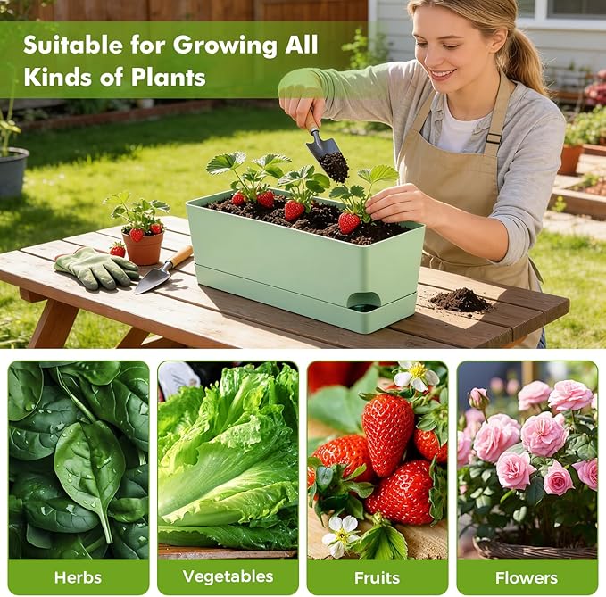 4 Pack Self Watering Pots for Indoor Plants 17 Inches Window Boxes Planters Rectangular Flower Pots Rectangle Herb Pots Large Plant Pots with Drainage Holes and Saucers Windowsill Planter, Green