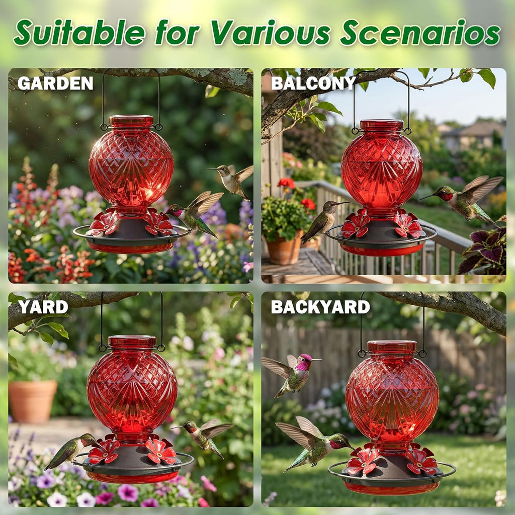 20oz Glass Hummingbird Feeder for Outdoor with Anti-Bee Ports, Red | Attract More Hummingbirds, Durable Glass, Leak-Proof, Easy To Clean, Built In Ant Moat, Bird Lover Gift, Hanging Garden Decor